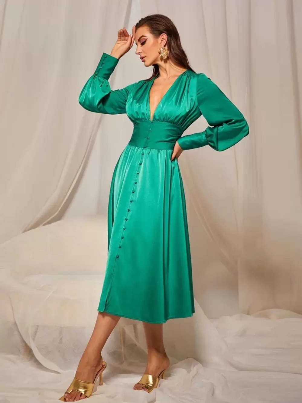 Emerald Green V-Neck Satin Dress